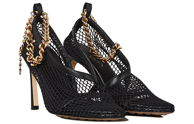 (W) Bottega Veneta Chain-Trimmed Mesh Sandals Gold 'Black' 圖 2