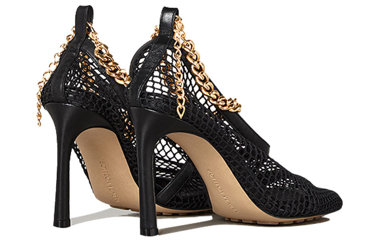(W) Bottega Veneta Chain-Trimmed Mesh Sandals Gold 'Black' 圖 3