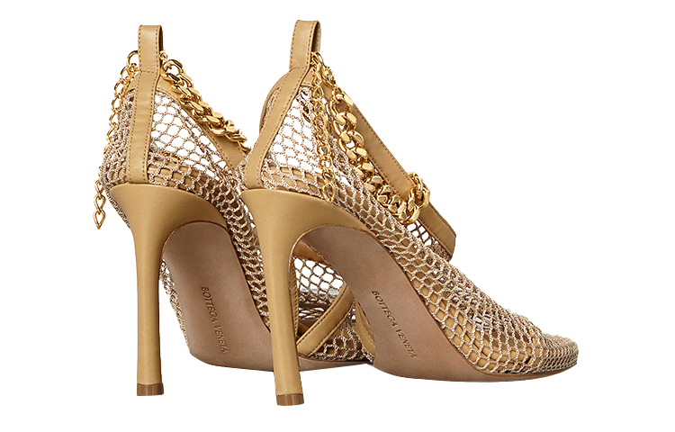 (W) Bottega Veneta Chain-Trimmed Mesh Sandals Gold 'Beige' 圖 4