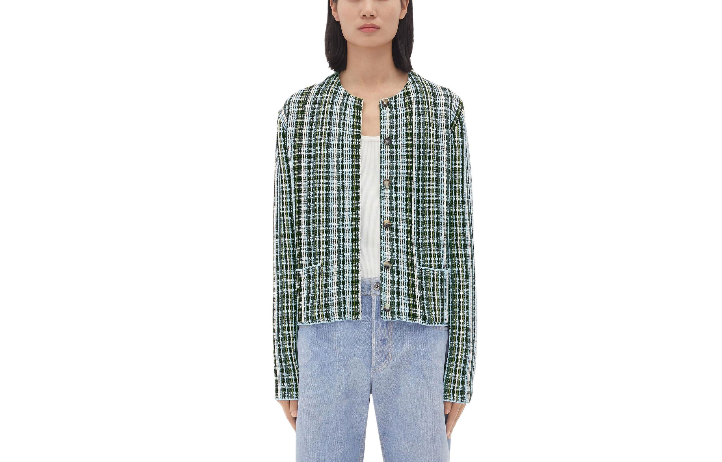 (Women) Bottega Veneta Checkered Crewneck Short Jacket Mint Green SS24 785433V40M01191