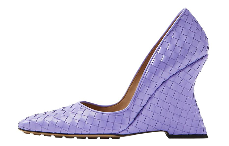 (W) Bottega Veneta Leather Intrecciato Square-Toe Thick-Heel High Heels 'Purple'