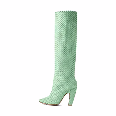 (W) Bottega Veneta Leather Round-Toe High Heel Tall Boots 'Green'