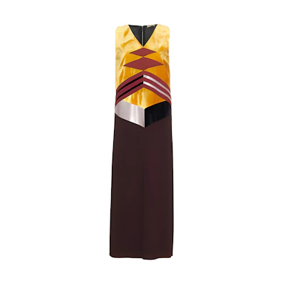 (Women) Bottega Veneta Long Patchwork V-neck Slip Dress Yellow 530925VER028968