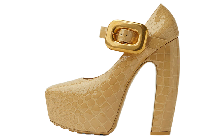 Buy Bottega Veneta葆蝶家 牛皮 時尚瑪麗珍 粗跟 高筒鞋 女款 核桃糖色