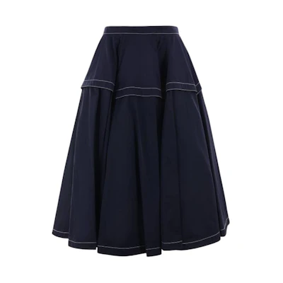 (Women) Bottega Veneta Navy Blue Solid Mid-Rise Long Casual Skirt 771700VF4K04121