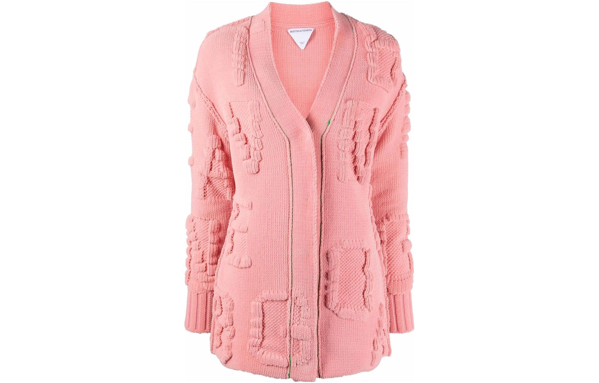 (Women) Bottega Veneta Pink Embossed V-Neck Knit Cardigan Sweater SS22 689713V1OX05556
