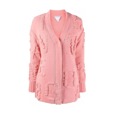 (Women) Bottega Veneta Pink Embossed V-Neck Knit Cardigan Sweater SS22 689713V1OX05556