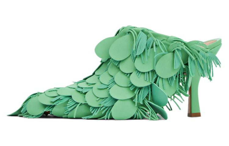 (Women) Bottega Veneta Round-Toe High Heel Mules 'Green Leather' 763781VBSD03978