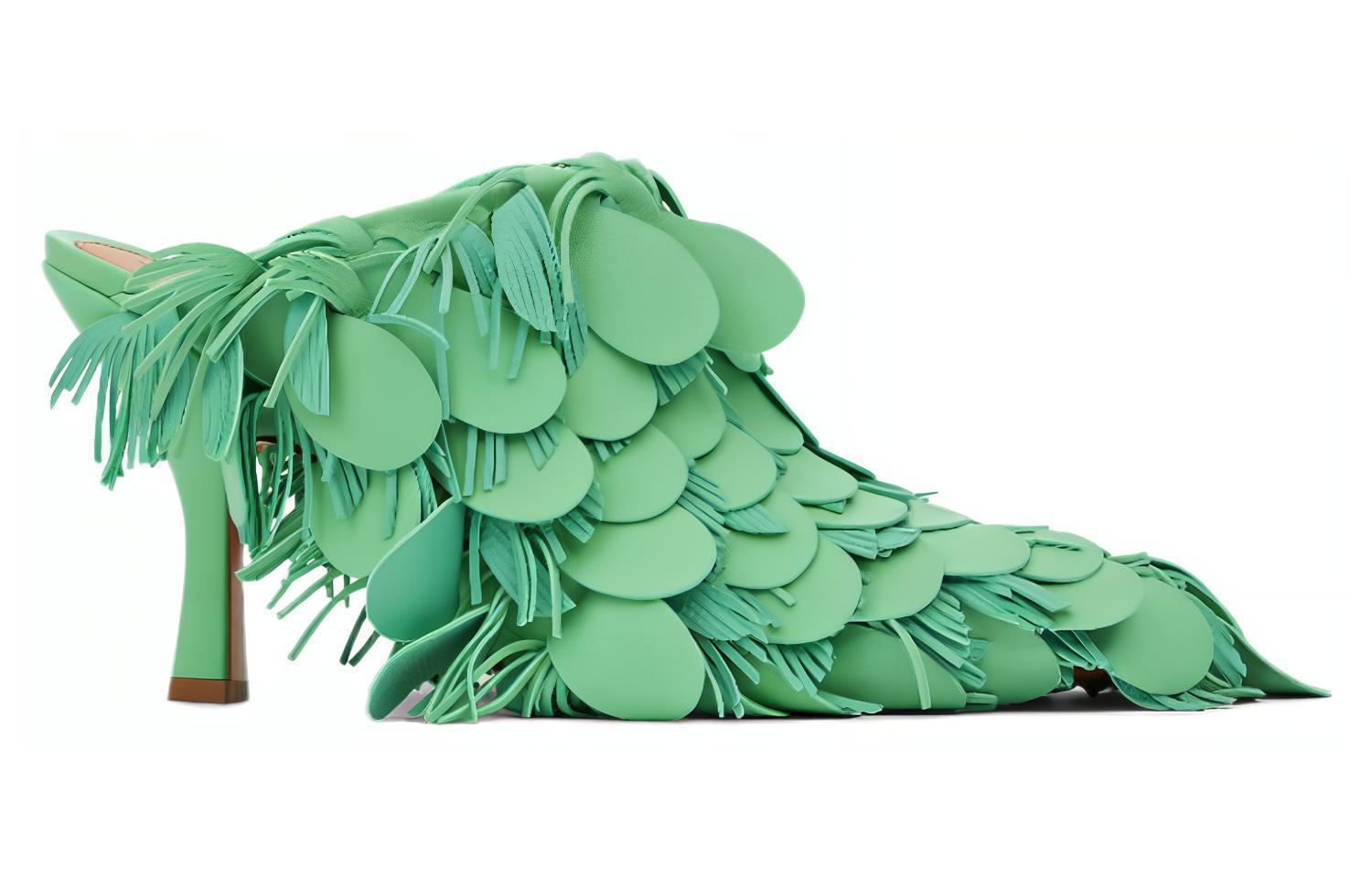 (W) Bottega Veneta Round-Toe High Heel Mules 'Green Leather' 圖 2