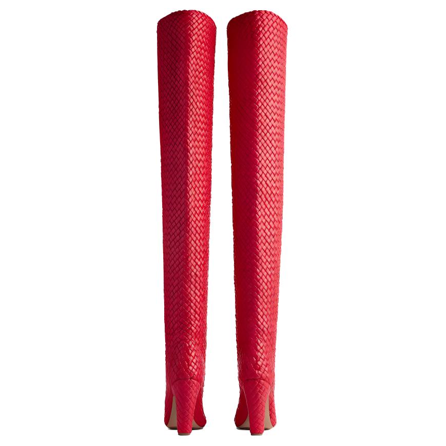 Shop (W) Bottega Veneta Sepatu Boot Hak Tinggi Selutut Ujung Bulat 'Merah' 756275V2EH05811