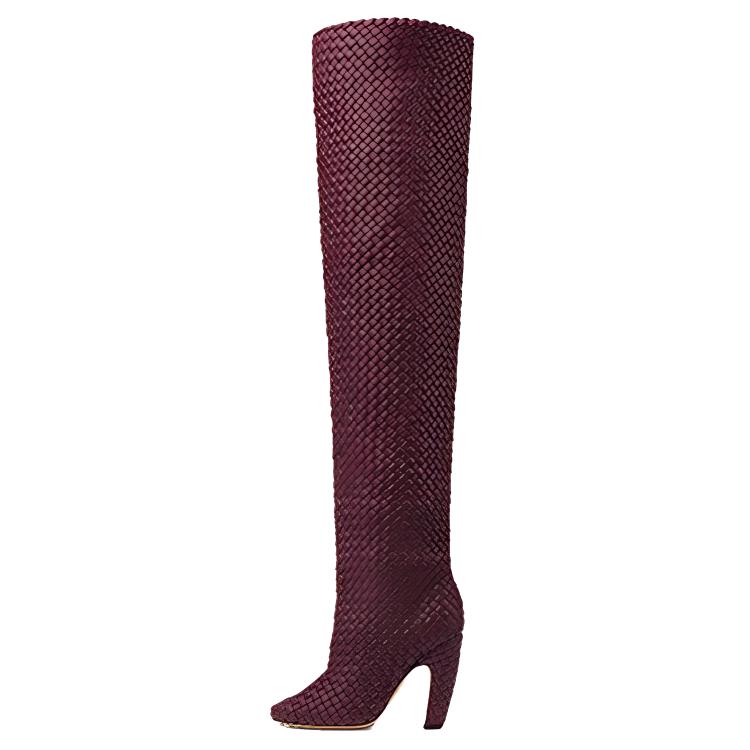(Women) Bottega Veneta Round Toe Over-The-Knee Boots 'Burgundy' 756275V2EH02240