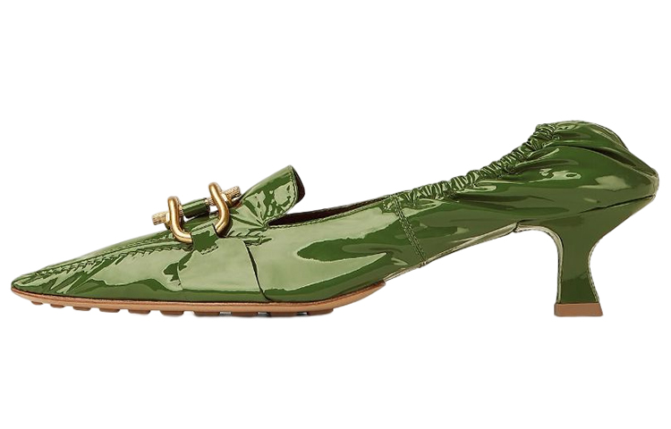 (Women) Bottega Veneta Square-Toe Heeled Mules 'Green Patent Leather with Metal Buckle' 708897V28Q03653