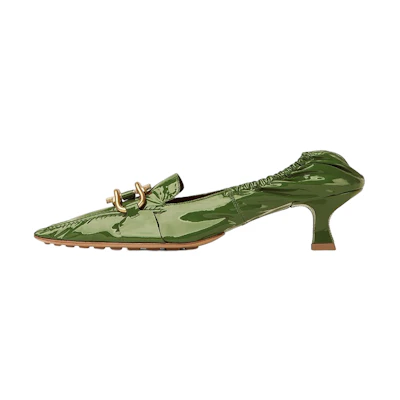 (W) Bottega Veneta Square-Toe Heeled Mules 'Green Patent Leather with Metal Buckle'