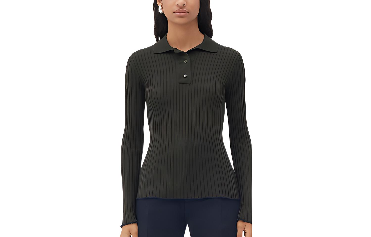 (Women) Bottega Veneta SS22 Slim Fit Ribbed Knit Long Sleeve Polo Green 709864V2DK03261