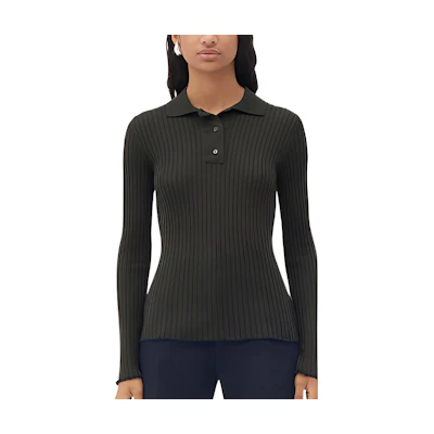 (Women) Bottega Veneta SS22 Slim Fit Ribbed Knit Long Sleeve Polo Green 709864V2DK03261