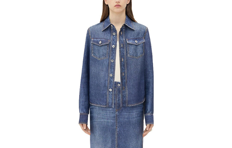 (Women) Bottega Veneta SS23 Indigo Washed Denim Long Sleeve Shirt Women. 737322V30K03399