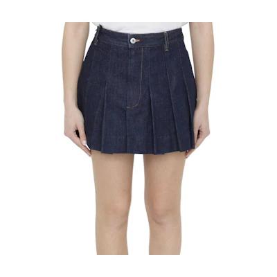(Women) Bottega Veneta SS24 Solid Pleated Button Denim Skirt Indigo. 789292V0W204245