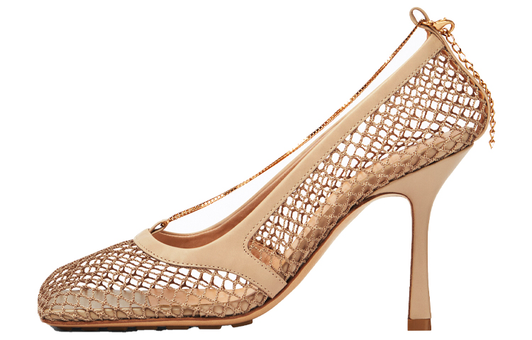 (W) Bottega Veneta Stretch 'Elegant Chain Mesh Square Toe Heels Beige'