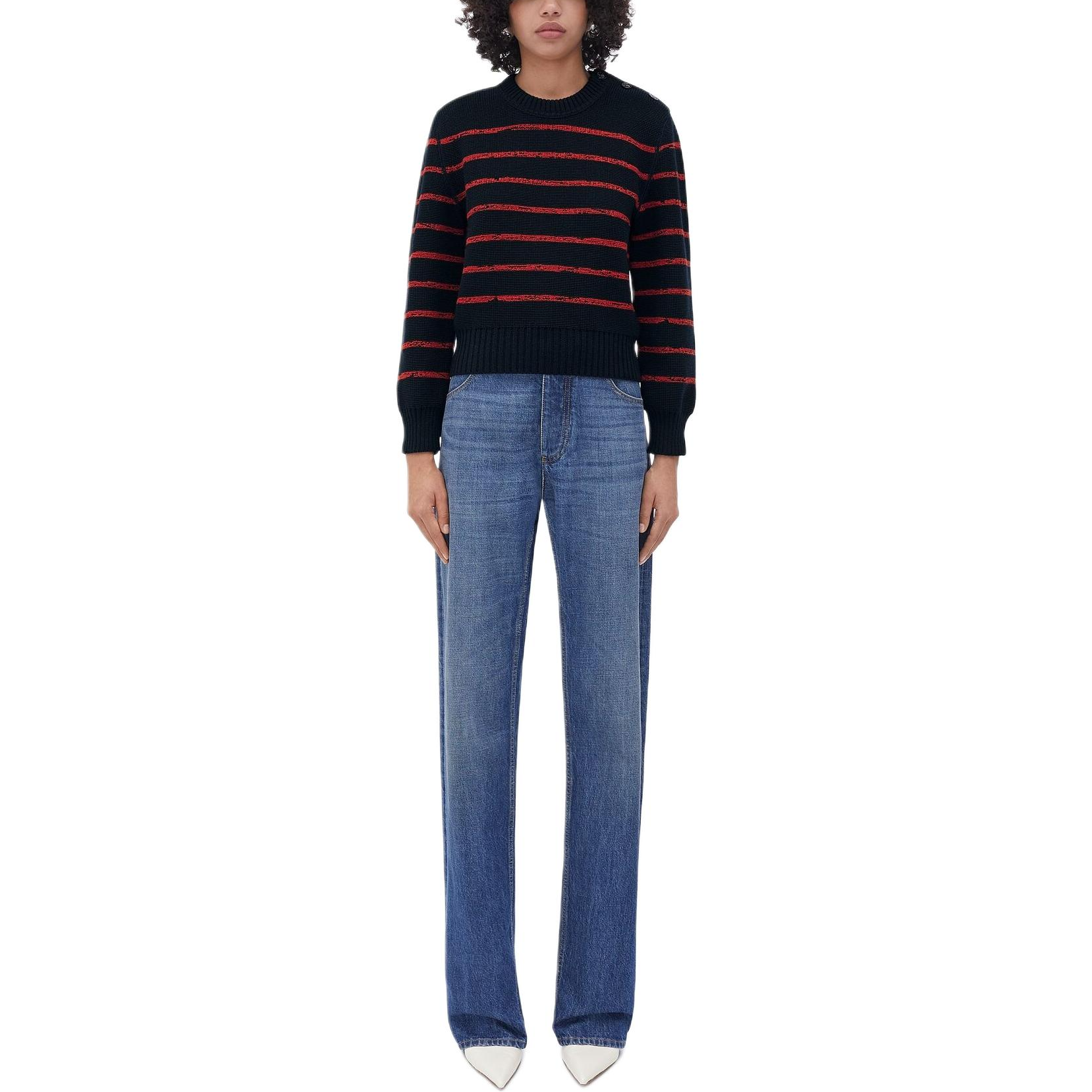 (Women) Bottega Veneta Striped Knit Ribbed Cuff Crew Neck Sweater Black 726613V2M604293