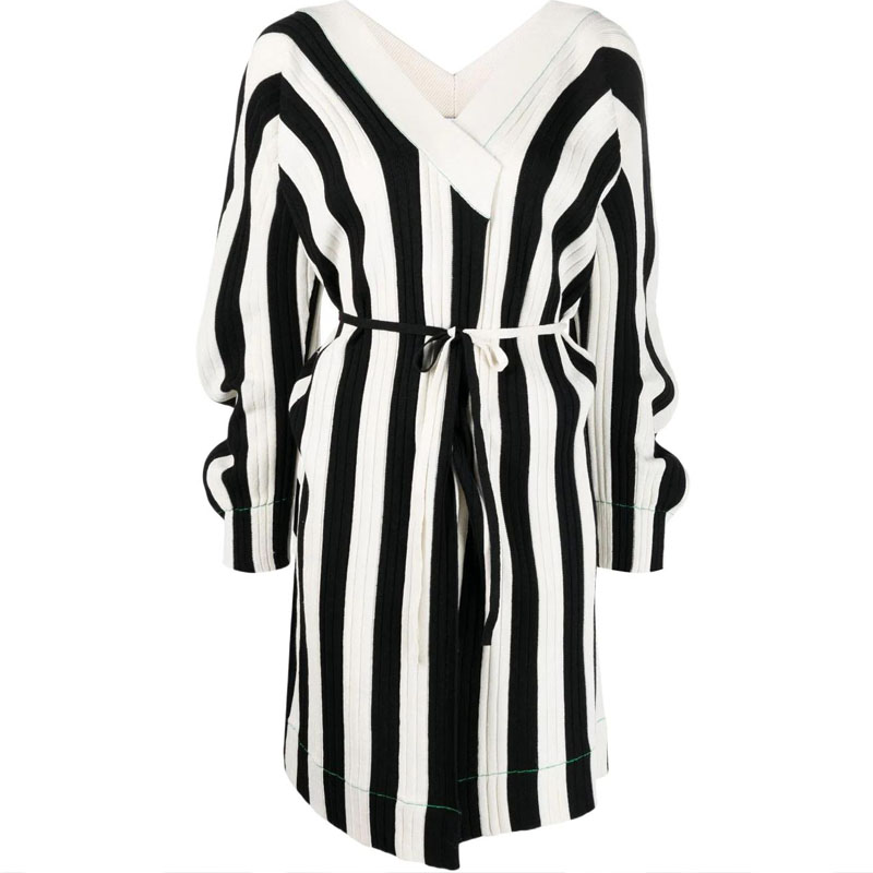 (Women) Bottega Veneta Striped Knit Wrap A-Line Long Sleeve Dress Black 686775V1N001056