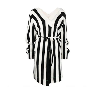 (Women) Bottega Veneta Striped Knit Wrap A-Line Long Sleeve Dress Black 686775V1N001056