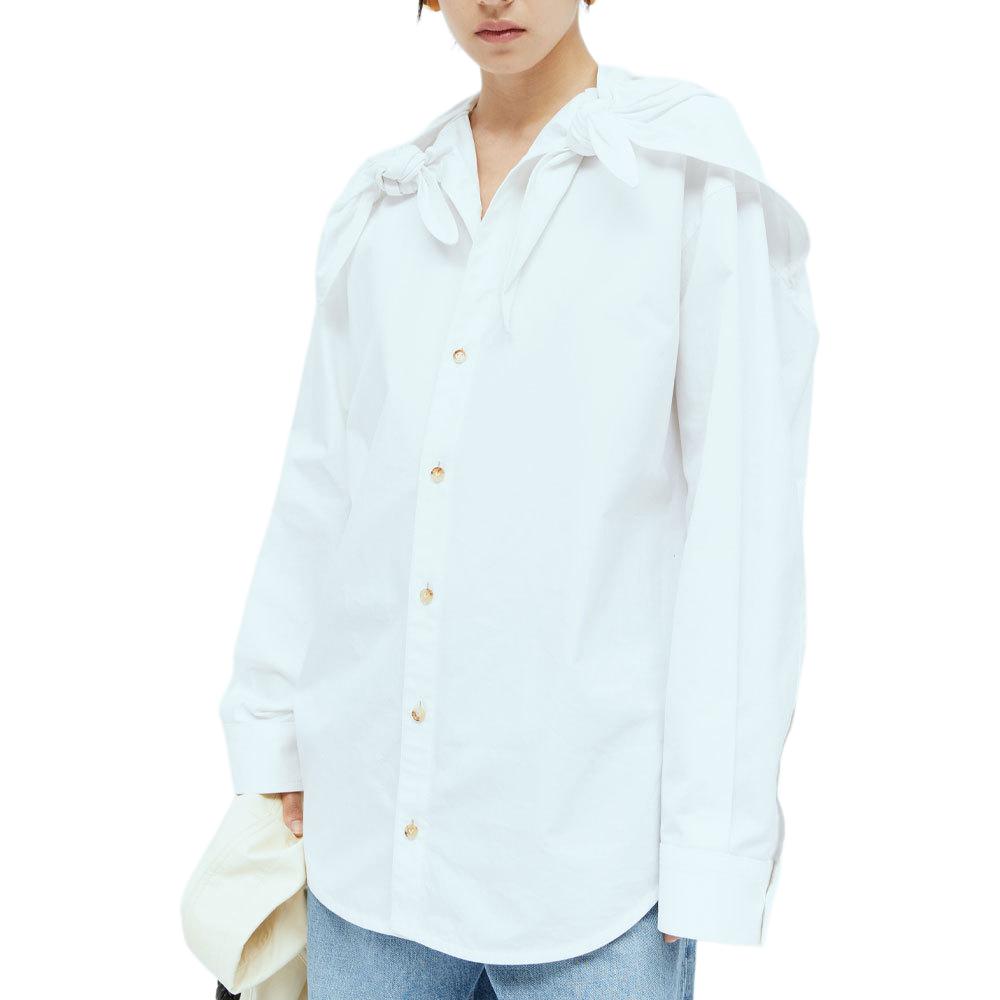 (Women) Bottega Veneta White V-Neck Tie Detail Long Sleeve Shirt SS24 788913V2BL09000