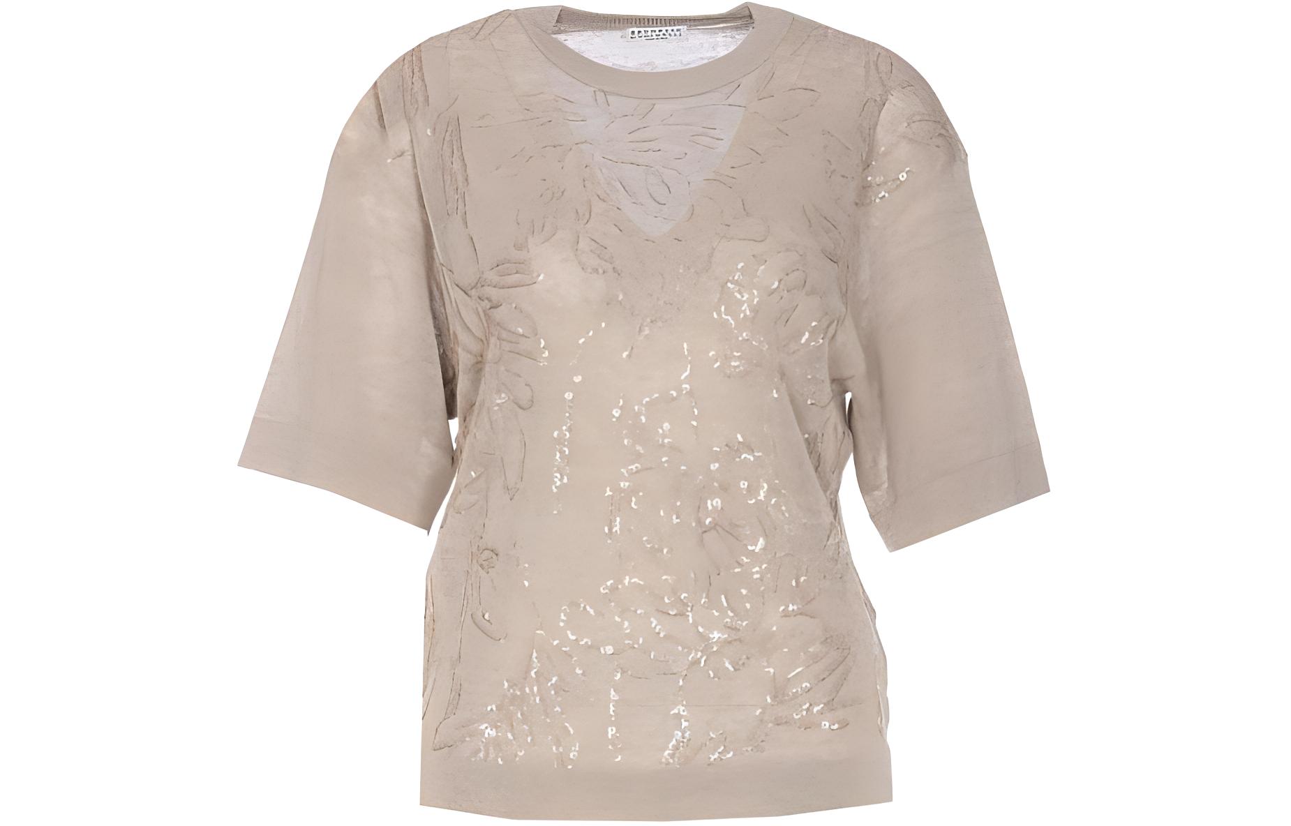 (Women) Brunello Cucinelli  Beige Embroidered Floral Oversized Crewneck T-Shirt. M1T137900-C824