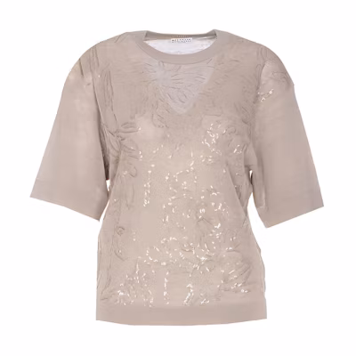 (Women) Brunello Cucinelli Beige Embroidered Floral Oversized Crewneck T-Shirt. M1T137900-C824