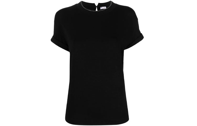 Order (W) 브루넬로 쿠치넬리 SS21 블랙 롤업 소매 기본 반팔 티셔츠. M0T18BD200-C101