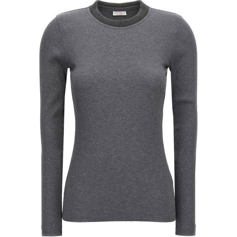 (Women) Brunello Cucinelli  Grey Solid Crewneck Long Sleeve Sweater MG902HR320-C265