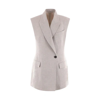 (Women) Brunello Cucinelli Sleeveless Linen Blazer in Light Grey. MH5672006-C011