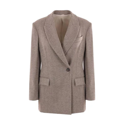 (Women) Brunello Cucinelli Solid V-Neck Long Sleeve Jacket Brown. MB1317163-C001