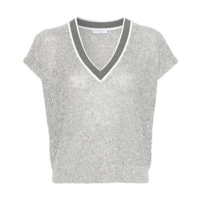 (Women) Brunello Cucinelli V-Neck Contrast Batwing Sleeve T-Shirt Grey. MCO555922-C1605