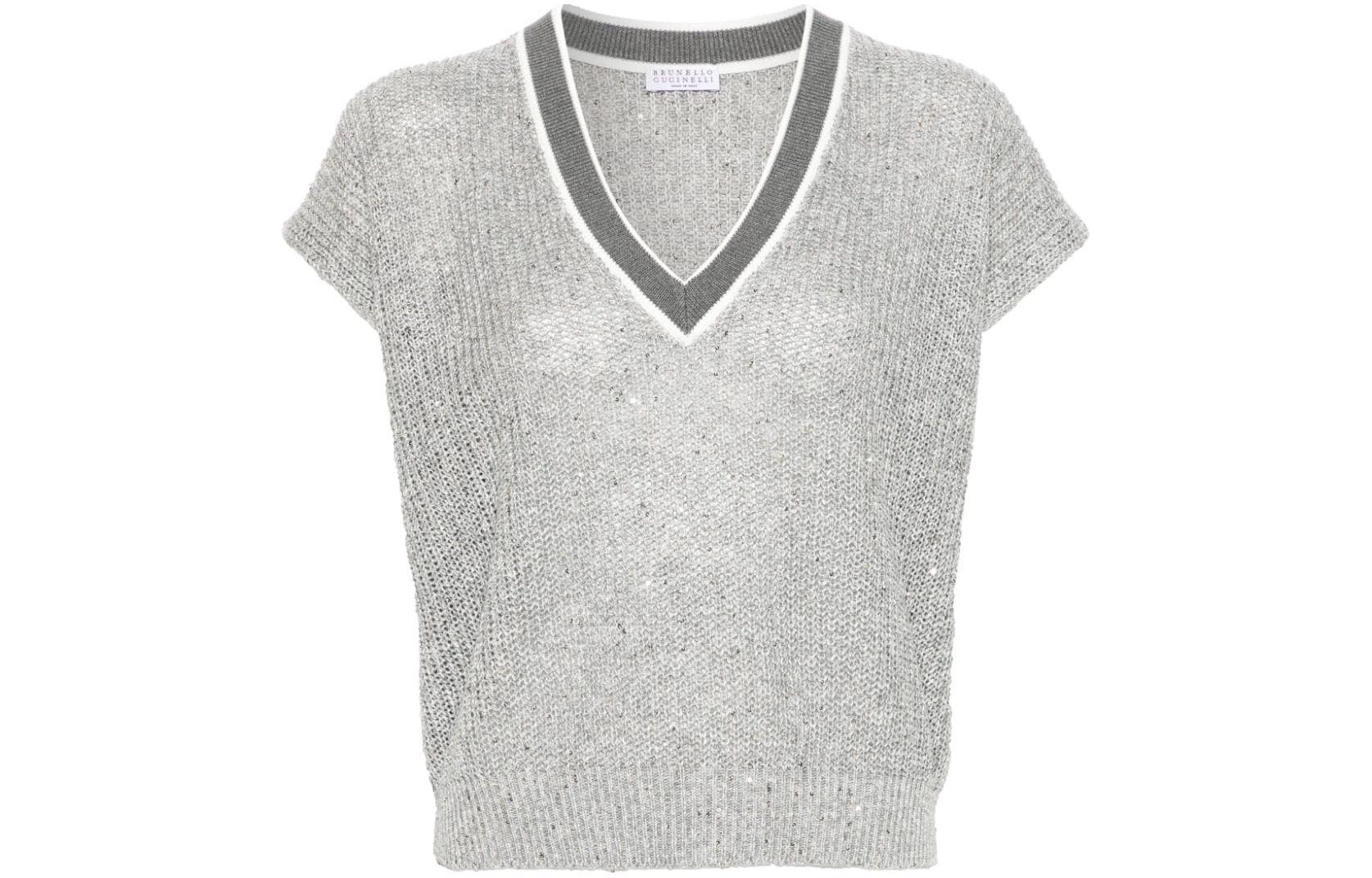 Order (W) Brunello Cucinelli Baju T Leher-V Lengan Batwing Kontras Kelabu. MCO555922-C1605