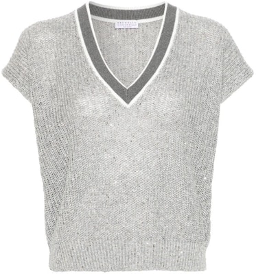 (W) Brunello Cucinelli Baju T Leher-V Lengan Batwing Kontras Kelabu. MCO555922-C1605 Order (W) Brunello Cucinelli Baju T Leher-V Lengan Batwing Kontras Kelabu. MCO555922-C1605