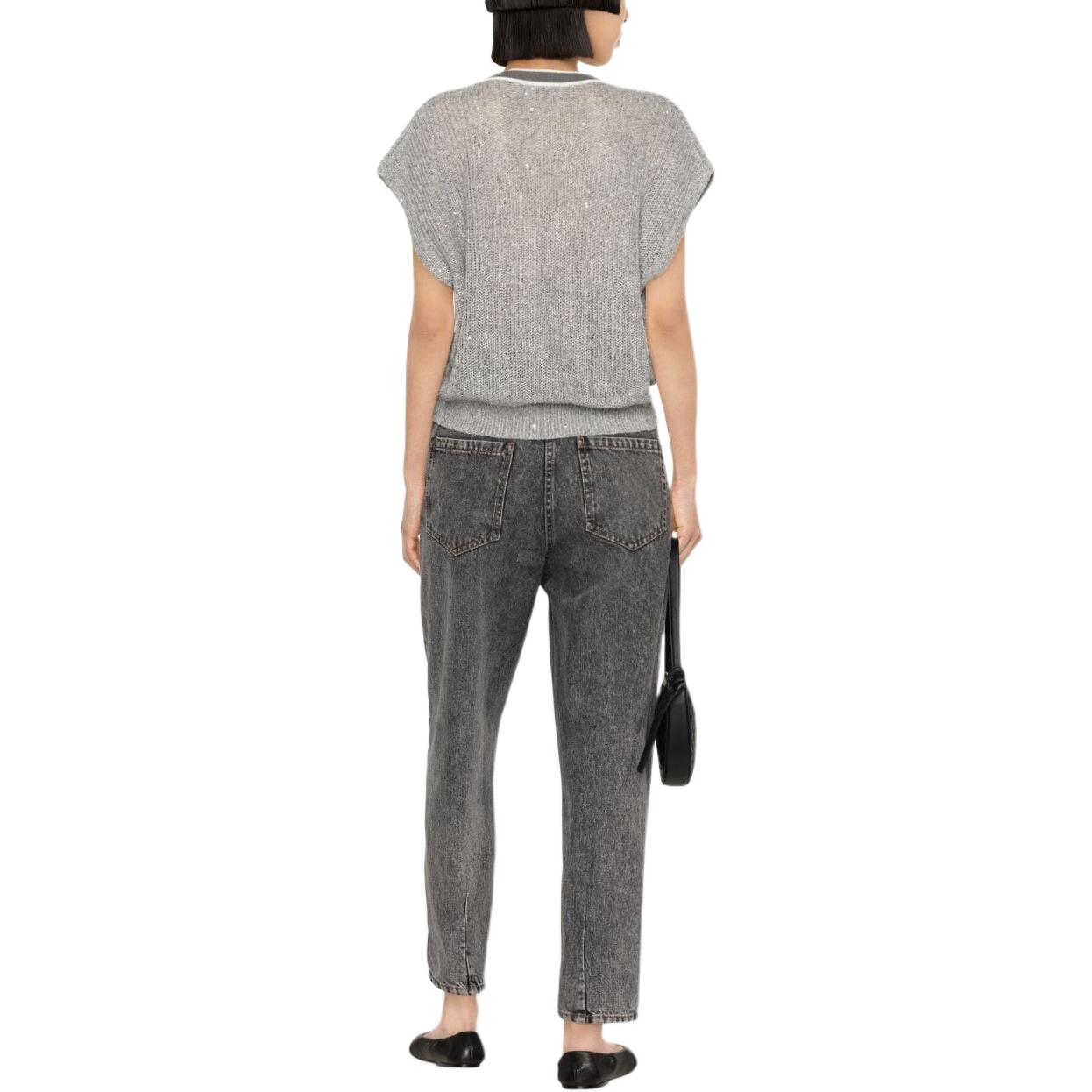 Shop (W) Brunello Cucinelli Baju T Leher-V Lengan Batwing Kontras Kelabu. MCO555922-C1605