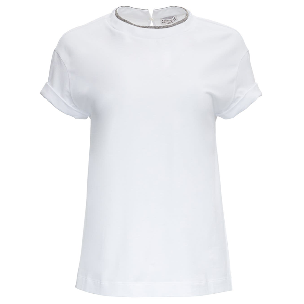 (Women) Brunello Cucinelli Contrast Trim Short Sleeve Crewneck T-Shirt Women White SS21 M0T18BD200-C159