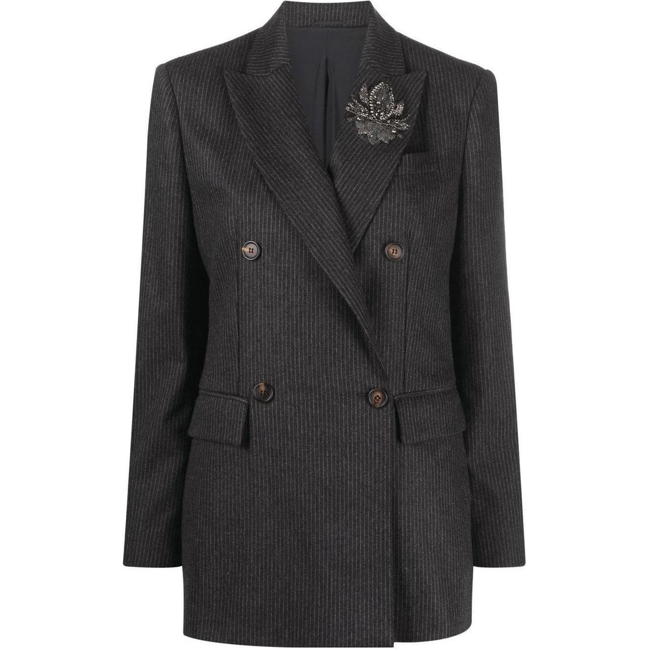 (Women) Brunello Cucinelli FW22  Grey Double-Breasted Blazer with Flower Detail MB0802224C001