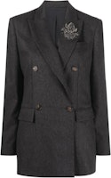 (Women) Brunello Cucinelli FW22 Grey Double-Breasted Blazer with Flower Detail MB0802224C001 (Women) Brunello Cucinelli FW22 Grey Double-Breasted Blazer with Flower Detail MB0802224C001