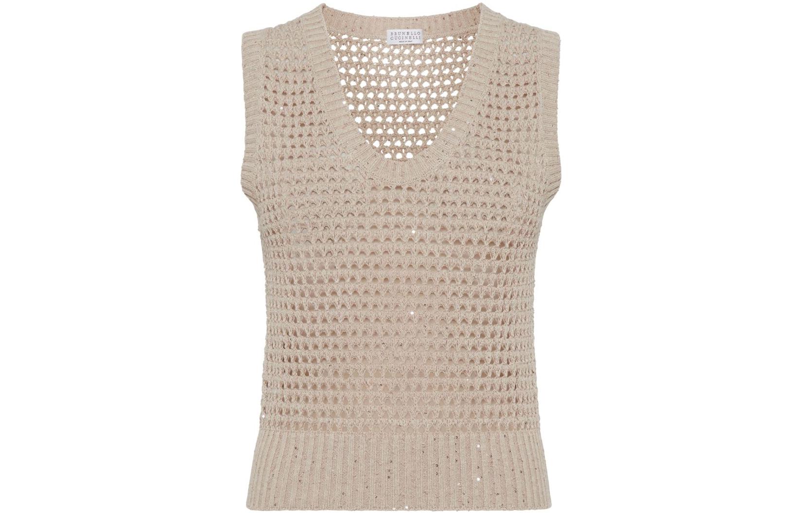 (Women) Brunello Cucinelli FW23  Beige Sequin V-Neck Knit Vest. MDV796800-C059