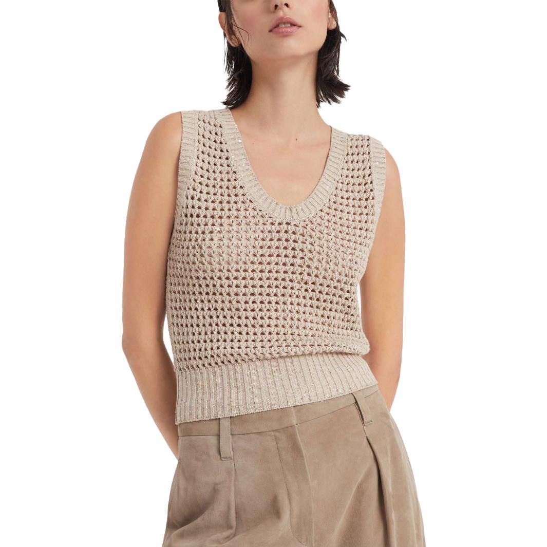 Lookbook (W) 브루넬로 쿠치넬리 FW23 베이지 스팽글 브이넥 니트 베스트. MDV796800-C059