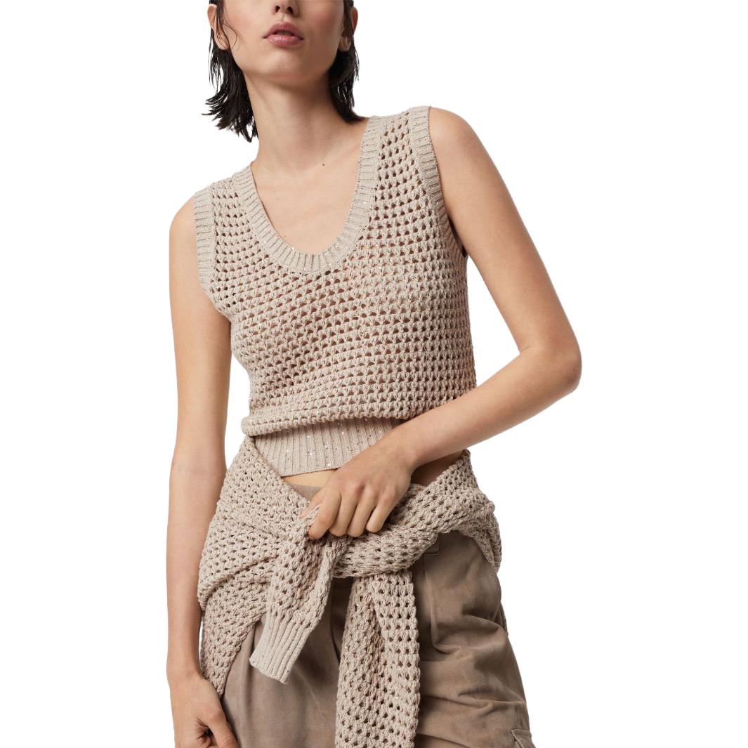 Shop (W) 브루넬로 쿠치넬리 FW23 베이지 스팽글 브이넥 니트 베스트. MDV796800-C059