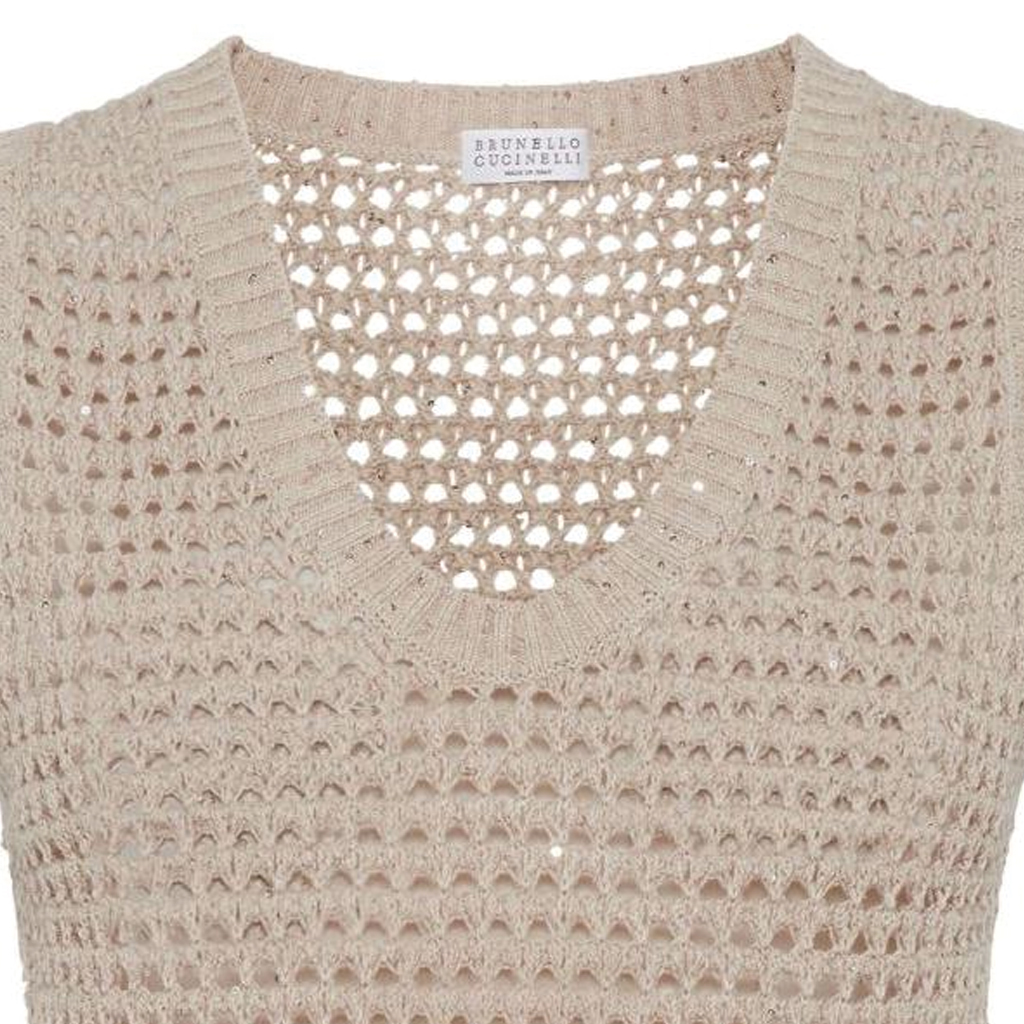 Sizing (W) 브루넬로 쿠치넬리 FW23 베이지 스팽글 브이넥 니트 베스트. MDV796800-C059