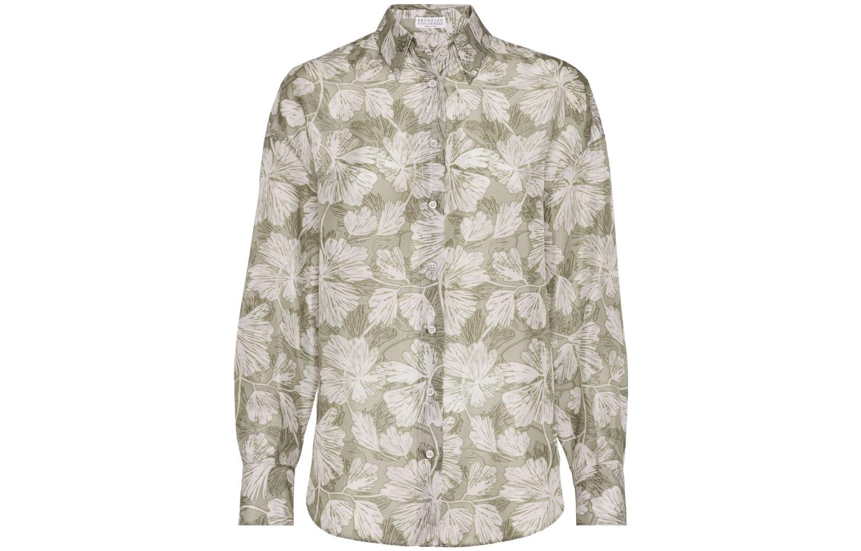 Order (W) 브루넬로 쿠치넬리 FW23 그린 리프 프린트 긴소매 캐주얼 셔츠. ML926RC616-C6301