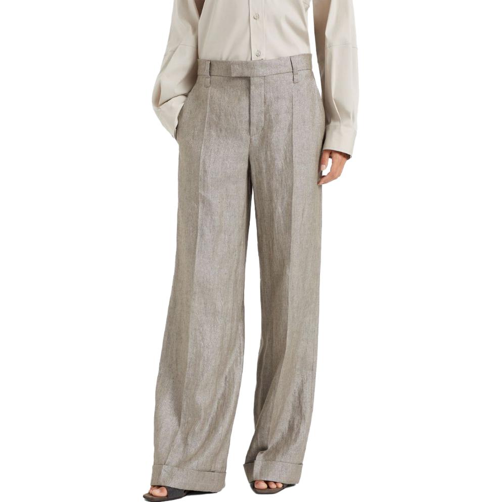 Shop (W) Brunello Cucinelli FW23 高腰寬褲 休閒長褲 米色. MH567P8492-C002