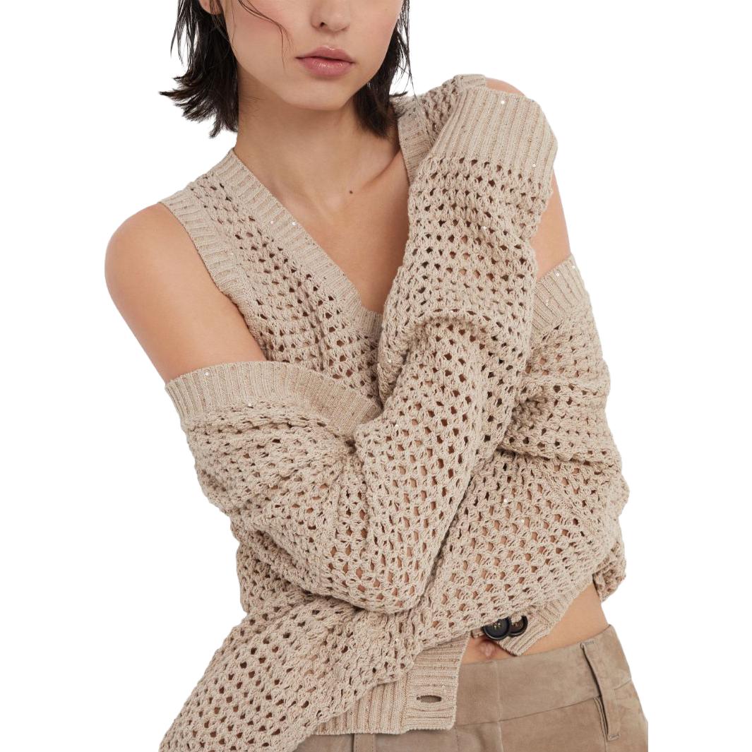 Shop (W) Brunello Cucinelli FW23 卡其色長袖針織開衫 結扣毛衣. MDV796806-C059