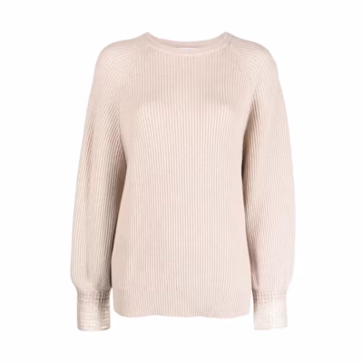 (Women) Brunello Cucinelli FW23 Solid Ribbed Knit Crewneck Sweater Light Pink M12719000-C9504