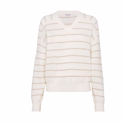 (Women) Brunello Cucinelli FW23 Striped V-Neck Pullover Sweater Long Sleeve MER137002-CDY45