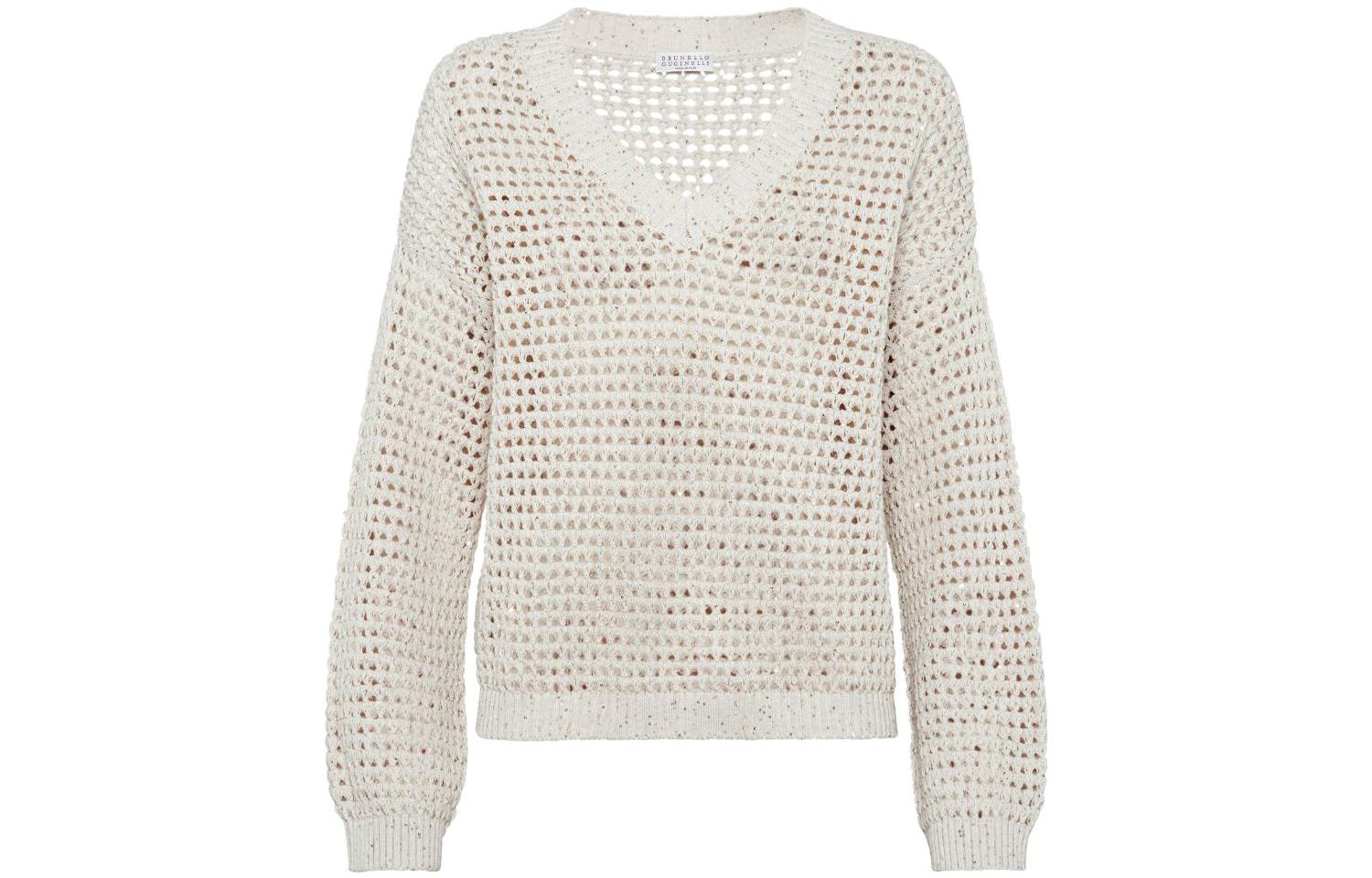 (Women) Brunello Cucinelli FW23  White Solid V-Neck Knit Sweater. MDV796812-CJ430