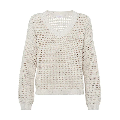 (Women) Brunello Cucinelli FW23 White Solid V-Neck Knit Sweater. MDV796812-CJ430